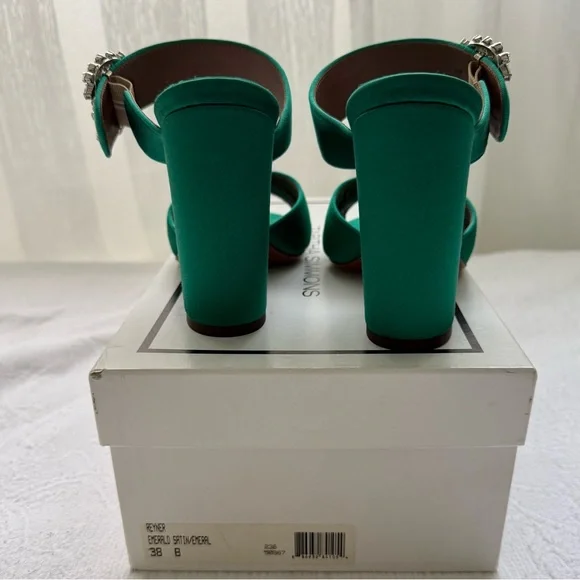 Tabitha Simmons Reyner Emerald Satin Crystal Buckle Block Heels Size 8 NWT RARE - Picture 9 of 16